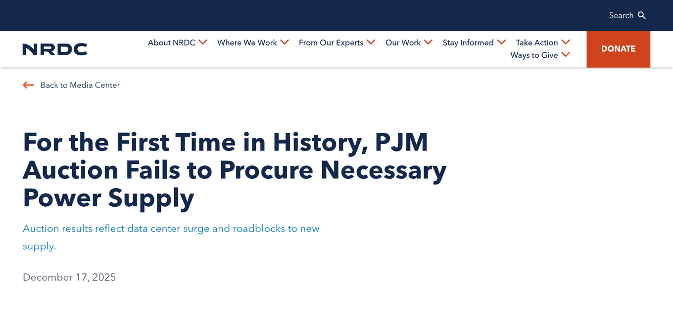 A screenshot of NRDC's December 17, 2025 press release headline, "For the First Time in History, PJM Auction Fails to Procure Necessary Power Supply," with the NRDC masthead visible.