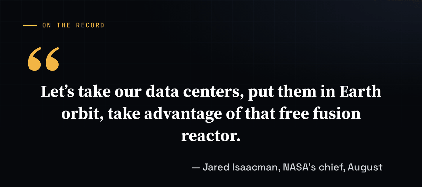 A light quote card carrying Jared Isaacman's sentence, attributed by name and title, so the orbital-data-center idea lands as official policy rather than science fiction.
