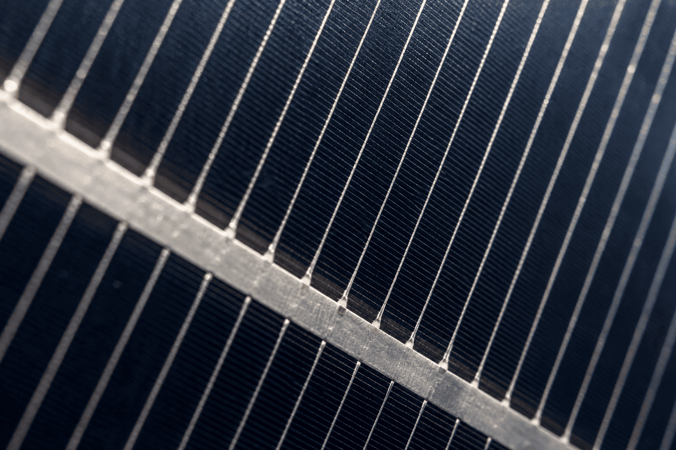 A tight, photographic close-up of a silicon solar cell's front surface showing the fine silver finger lines and busbars, lit so the metal lines read as metal.