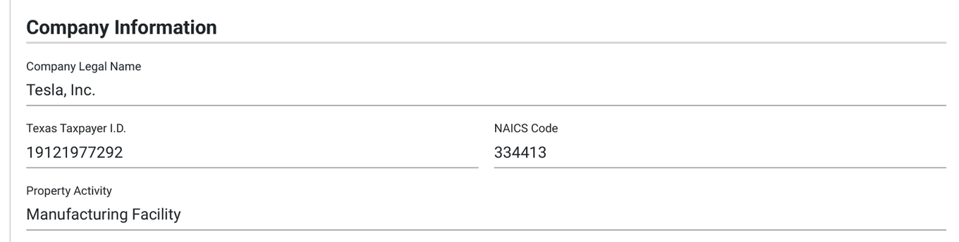 Tesla's Texas JETI application: Company Information, Tesla, Inc., Manufacturing Facility.