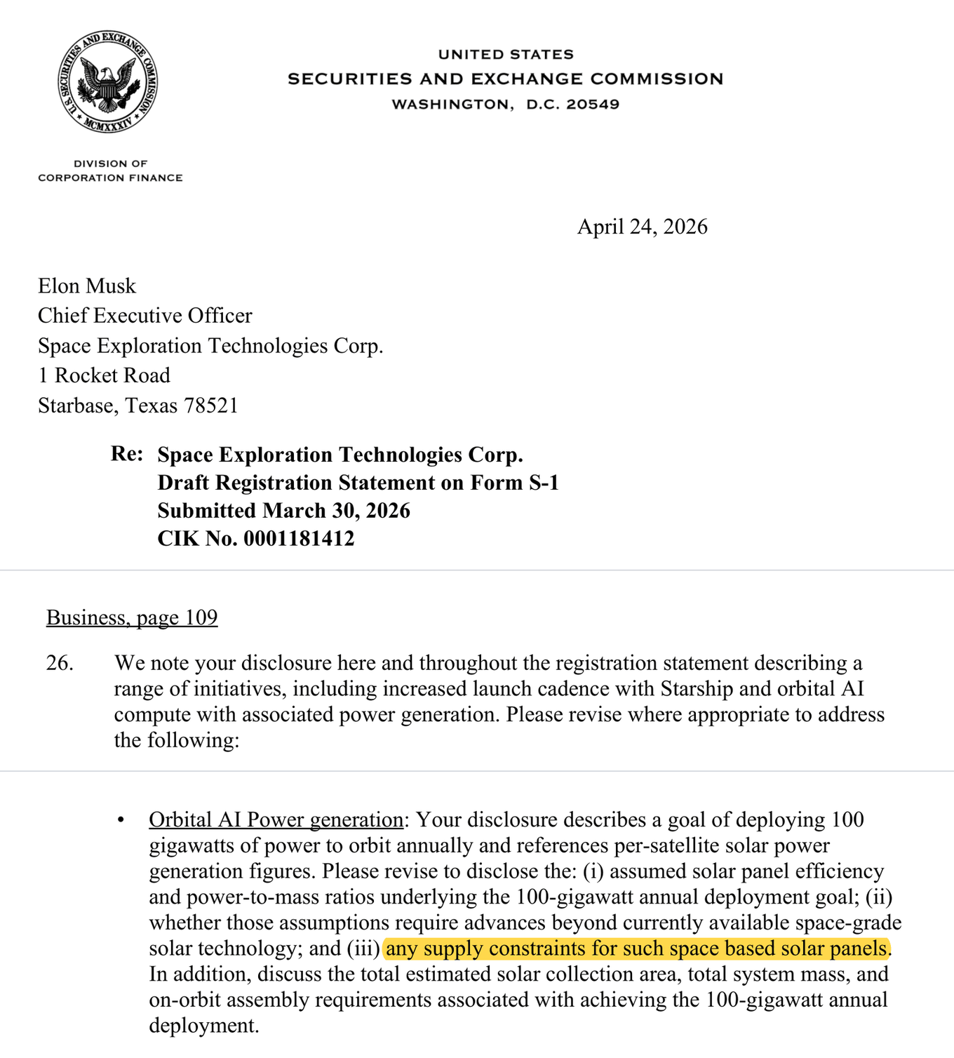 SEC letter to SpaceX, April 24, 2026: letterhead, Comment 26, and the Orbital AI Power bullet with “any supply constraints for such space based solar panels” highlighted.