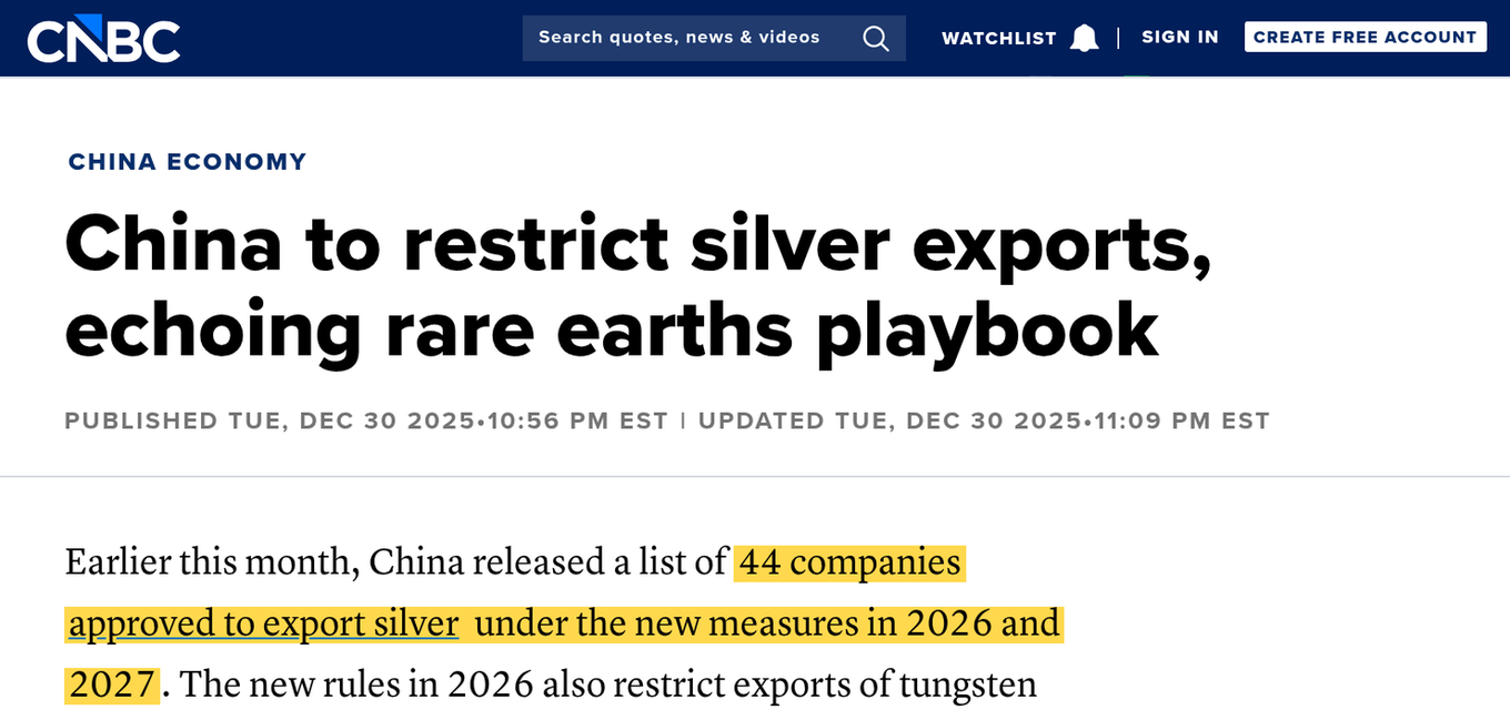CNBC headline: China to restrict silver exports, echoing rare earths playbook — with the line on 44 companies approved for 2026 and 2027 highlighted.
