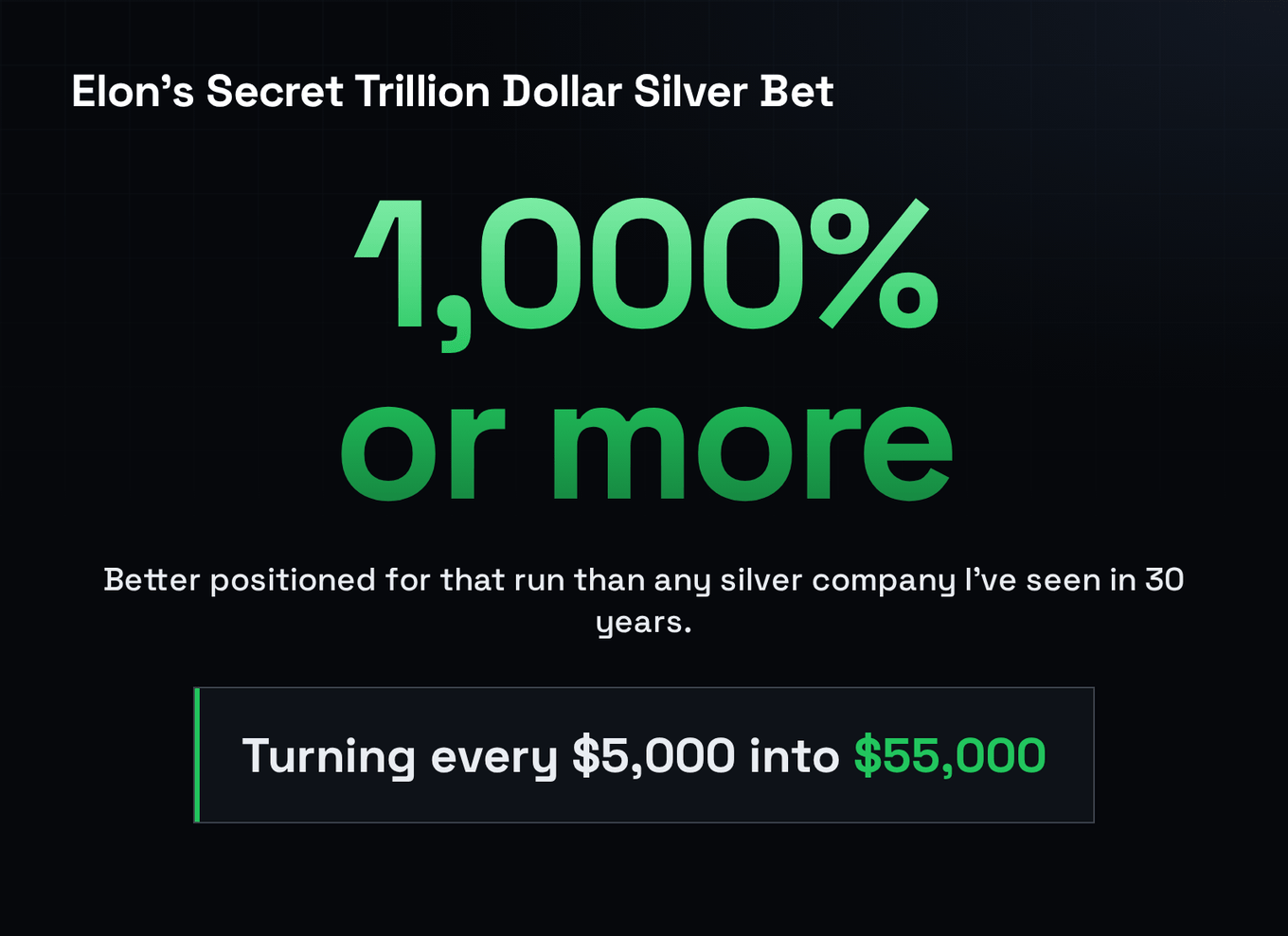 A light stat card with "1,000%" dominant, the copy's dollar conversion beneath, and the projection disclaimer.