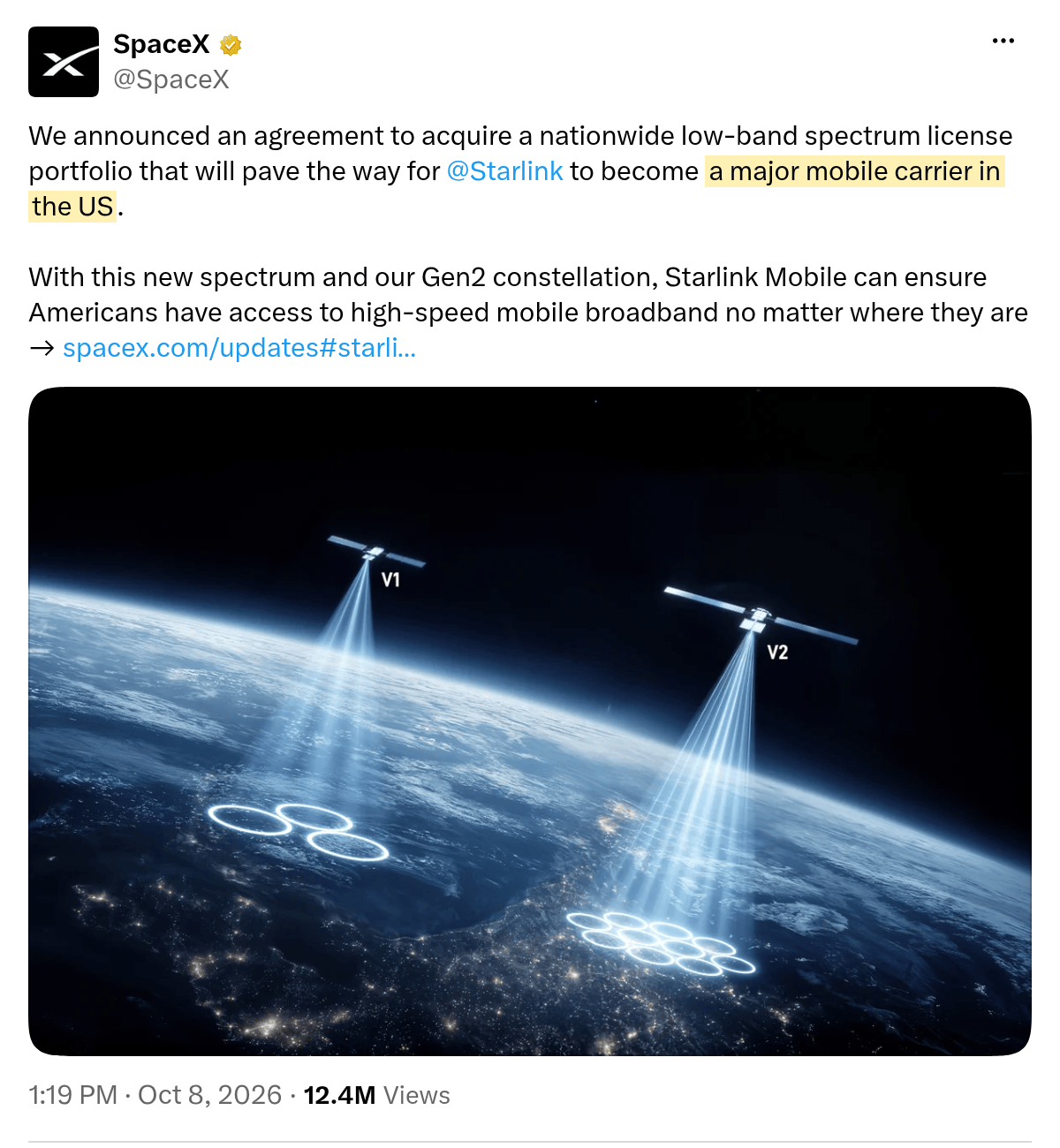 A screenshot of SpaceX's October 8, 2026 post on X with the words "a major mobile carrier in the US" highlighted.