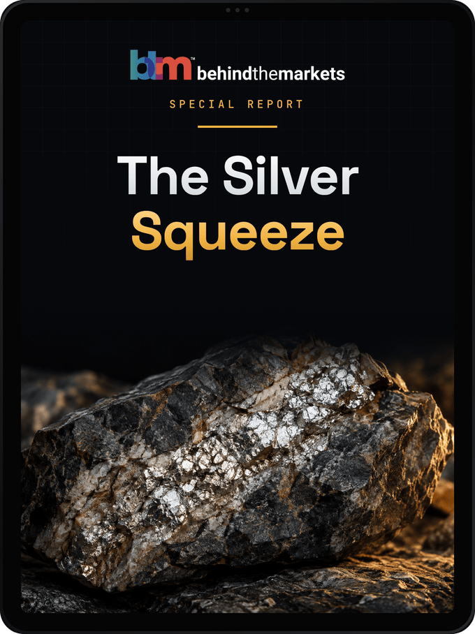 A photorealistic printed-report mockup titled "The Silver Squeeze."