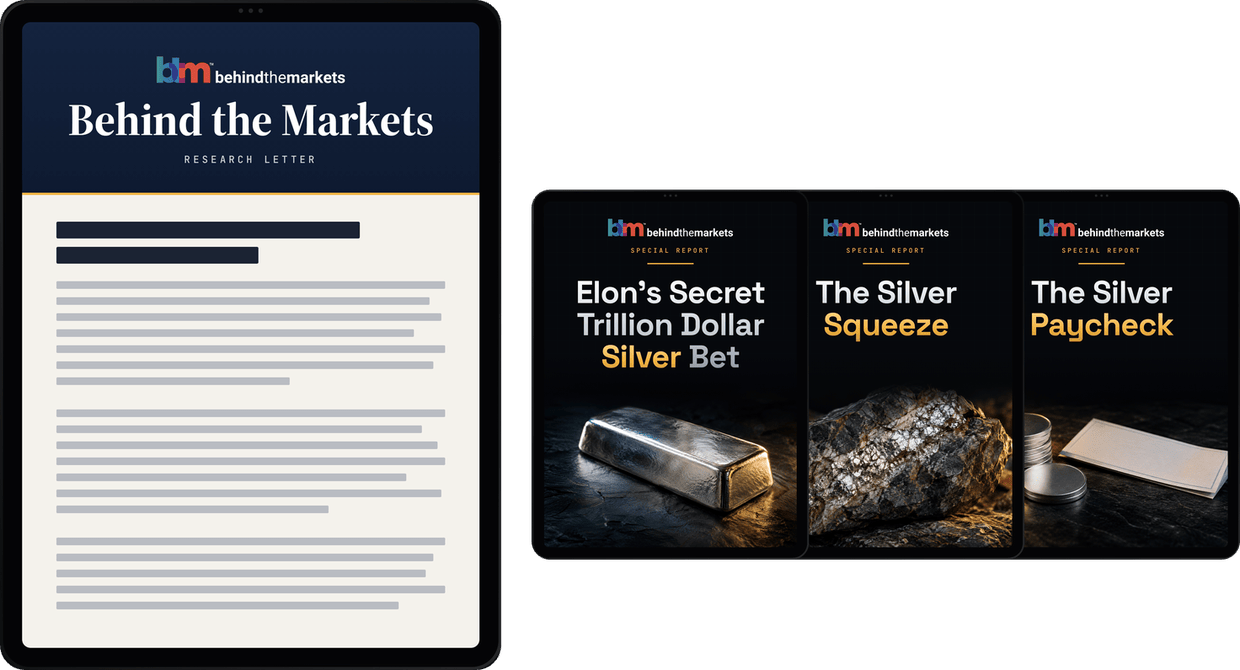 A device mockup showing Behind the Markets on screen — the research letter's masthead — flanked by the three report covers if the template allows a stack.